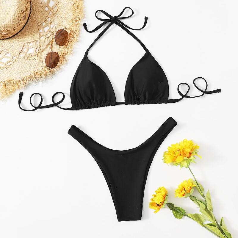 

Triangle High Cut Bikini Swimsuit, Black