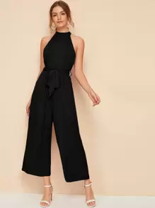 SHEIN Unity Split Back Belted Halter Palazzo Jumpsuit - Black - View 1