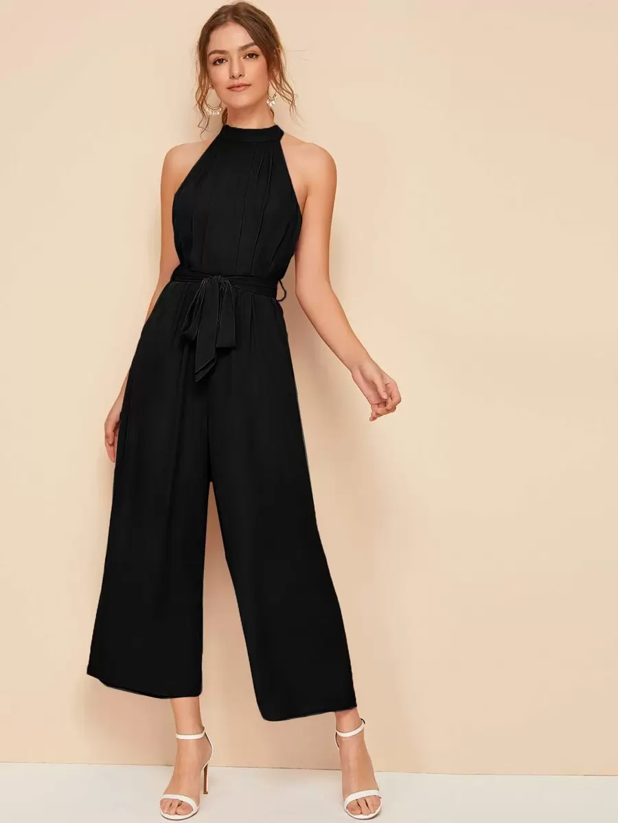 SHEIN Unity Split Back Belted Halter Palazzo Jumpsuit - Black - View 1