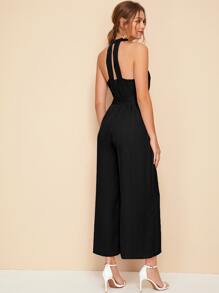 SHEIN Unity Split Back Belted Halter Palazzo Jumpsuit - Black - View 2