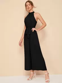 SHEIN Unity Split Back Belted Halter Palazzo Jumpsuit - Black - View 4