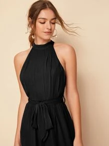 SHEIN Unity Split Back Belted Halter Palazzo Jumpsuit - Black - View 5