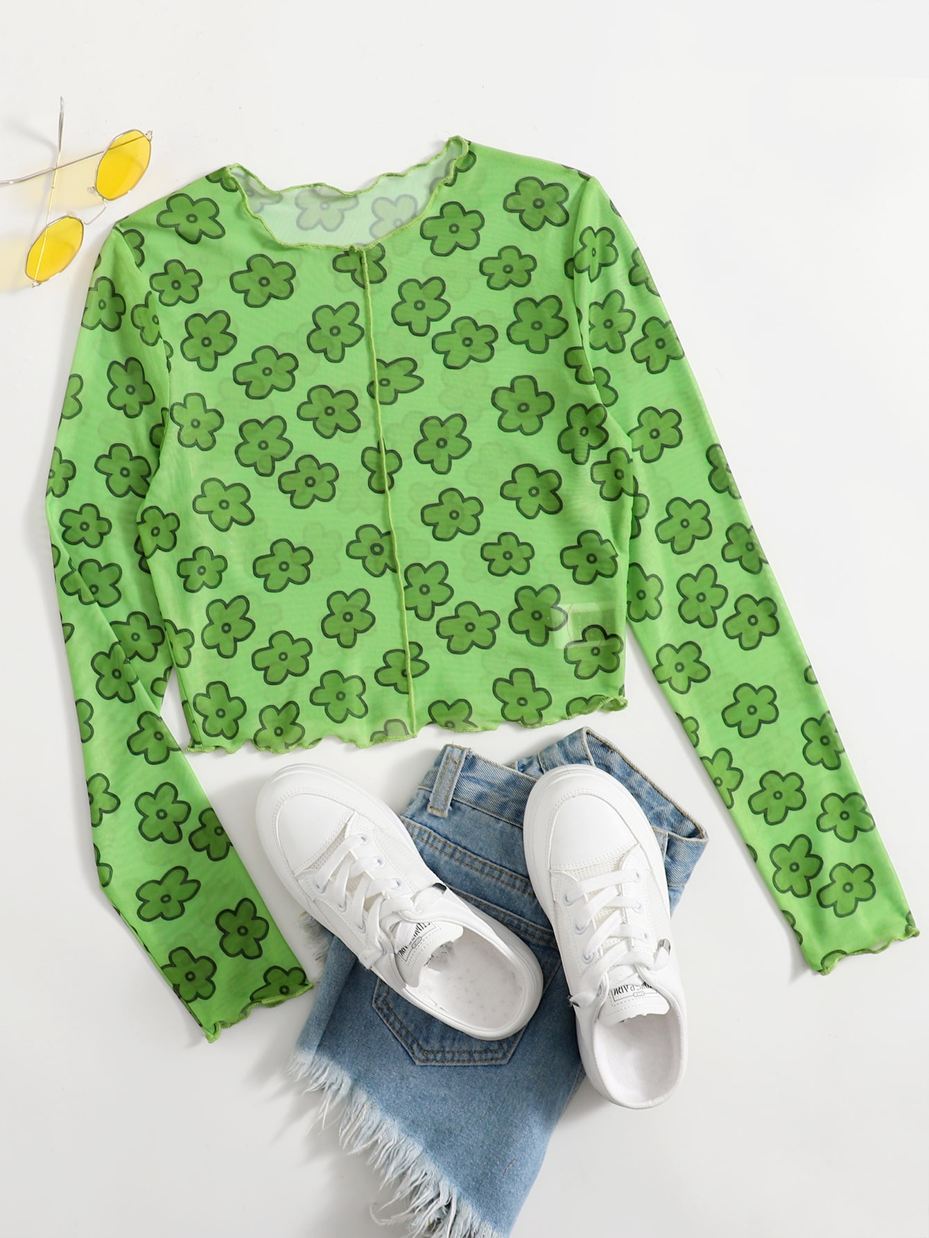 Seam Front Lettuce Edge Floral Mesh Top thumbnail