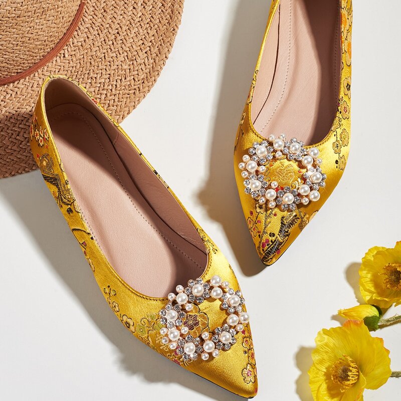 

Faux Pearl & Rhinestone Satin Flats, Yellow