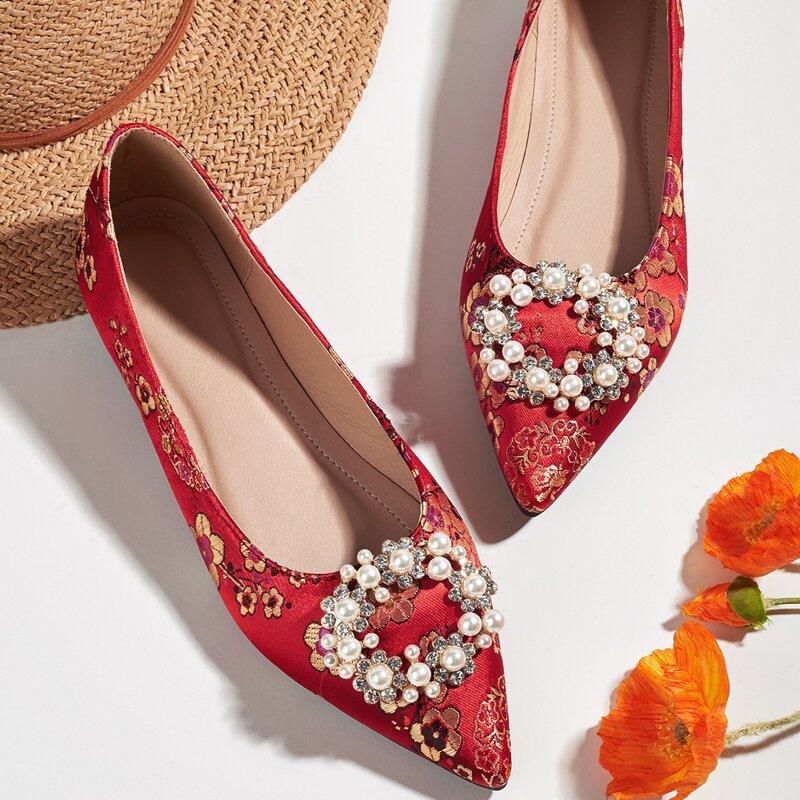 

Faux Pearl & Rhinestone Satin Flats, Red