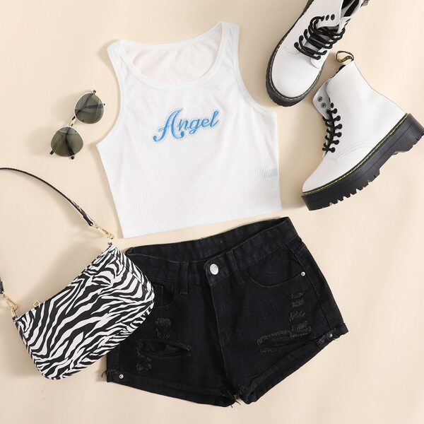 

Letter Embroidery Rib-knit Tank Top, White