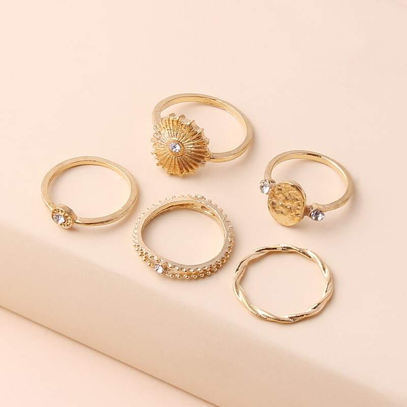 

5pcs Rhinestone Coin Ring, Gold