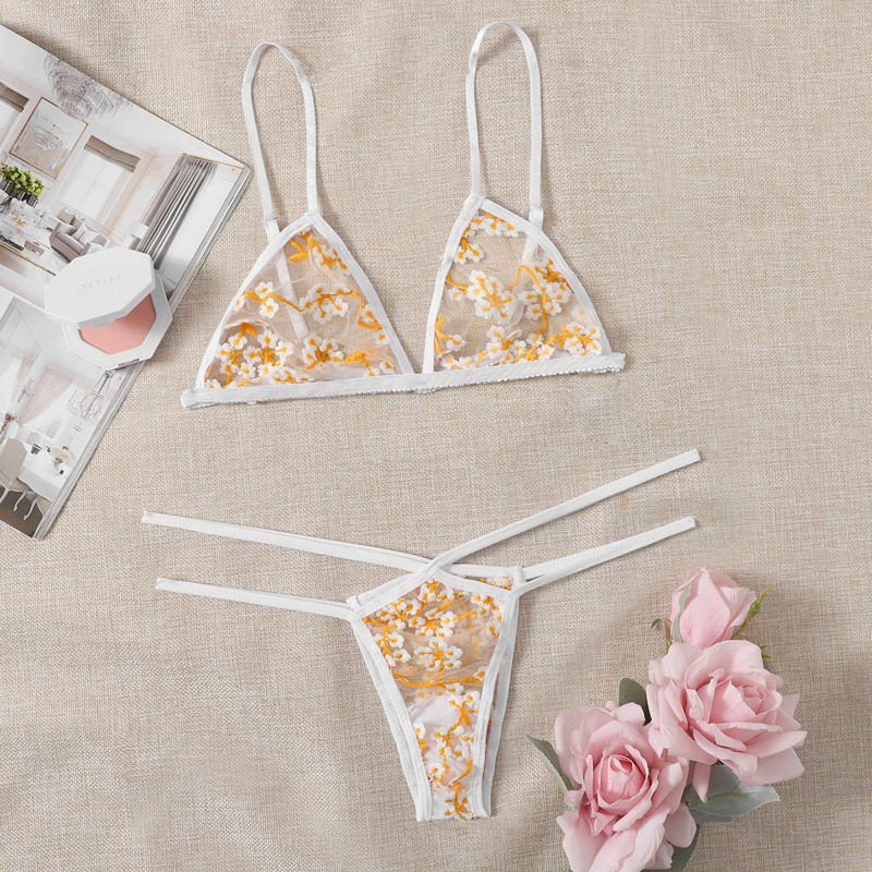 

Floral Embroidery Cut-out Thong Lingerie Set, White