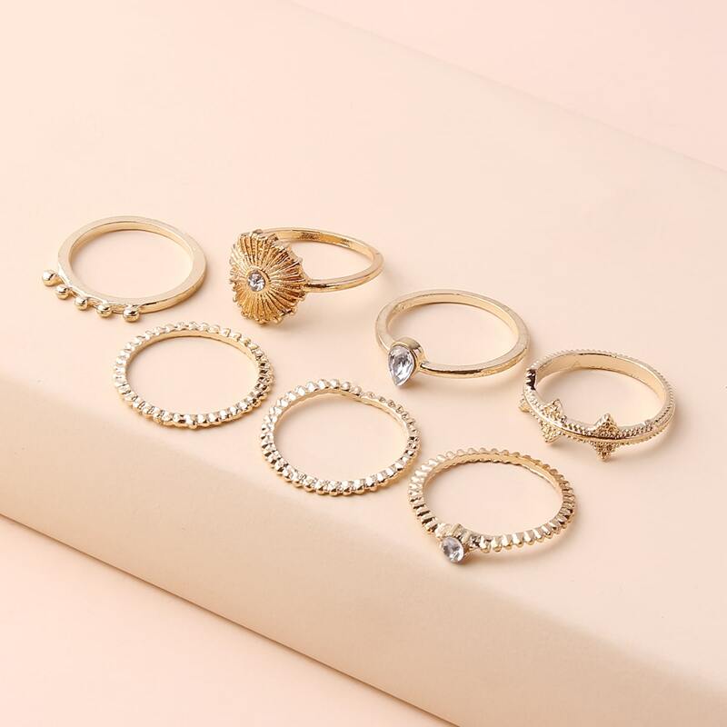 7pcs Rhinestone Ring, Gold