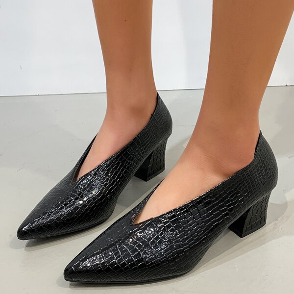 

Croc Embossed Chunky Heeled Court Pumps, Black