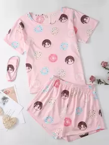 Allover Donuts Print Pyjama Set - Baby Pink - View 1