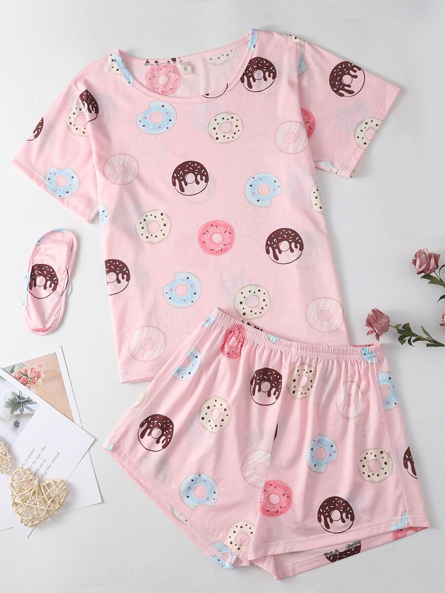 Allover Donuts Print Pyjama Set - Baby Pink - View 1