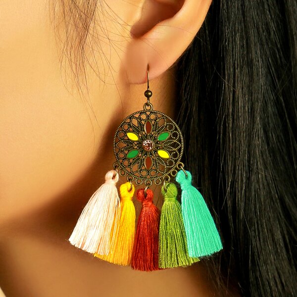 

Round Flower Decor Tassel Drop Earrings, Multicolor