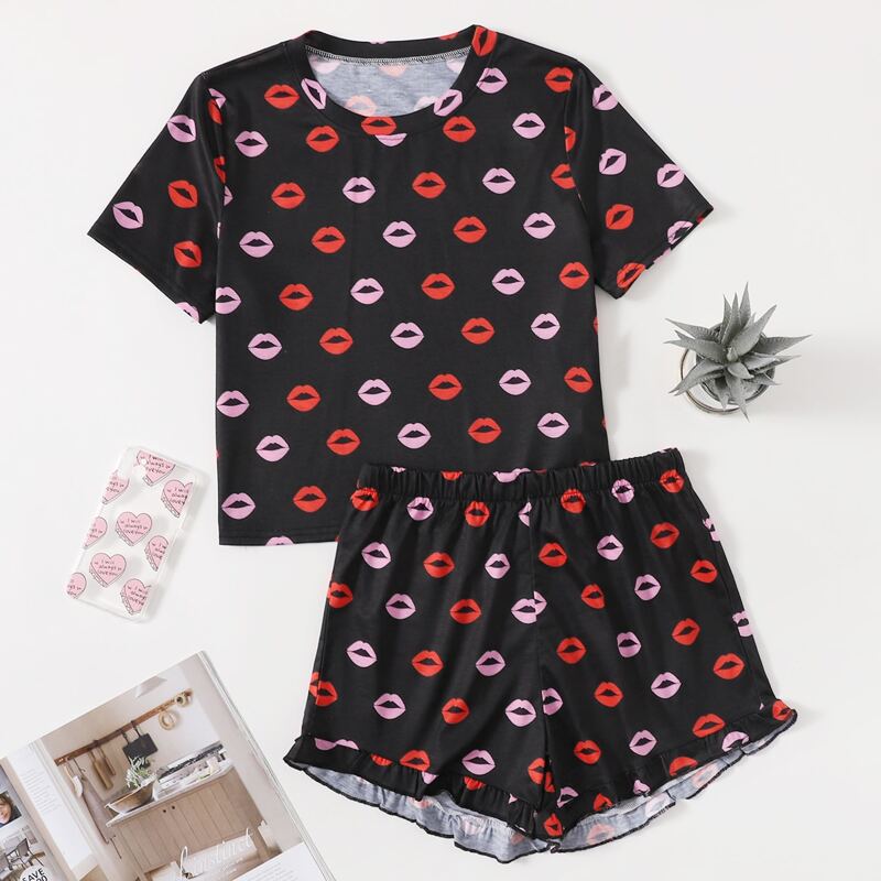 

Allover Lip Print Pajama Set, Black