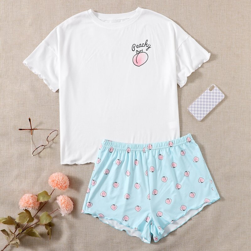 

Peach Print Lettuce Trim Pajama Set, Blue and white