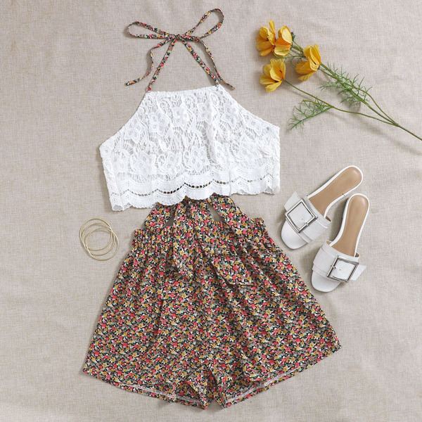 

Tie Backless Lace Halter Top & Ditsy Floral Shorts, Multicolor