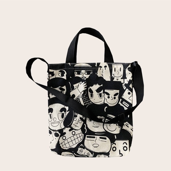

Cartoon Figure Graphic Shopper Bag, Black