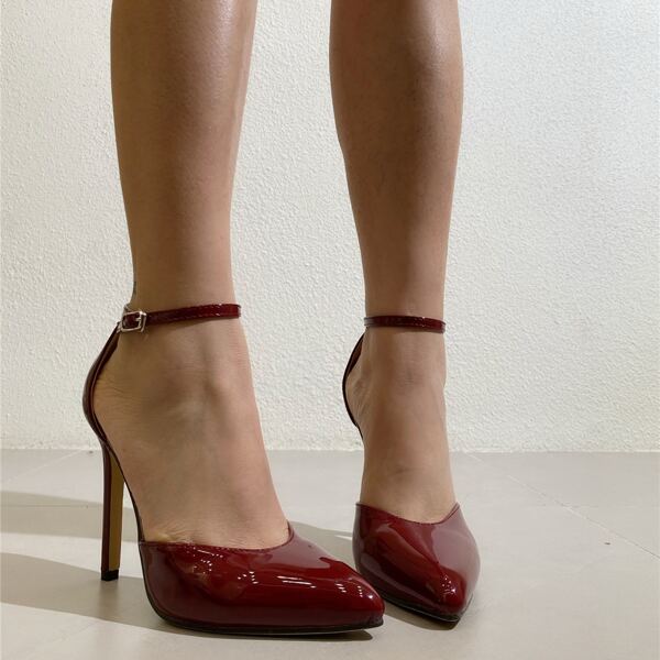 

Plain Stiletto Heeled Ankle Strap Pumps, Burgundy