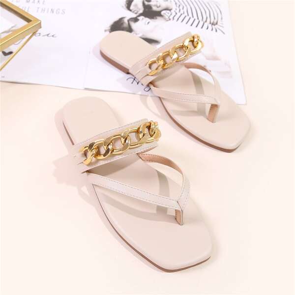 

Chain Decor Flat Thong Sandals, Beige