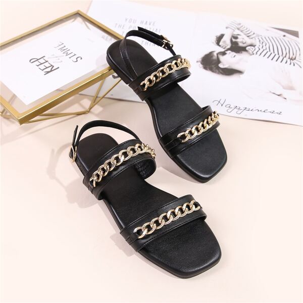 

Chain Decor Slingback Flat Sandals, Black
