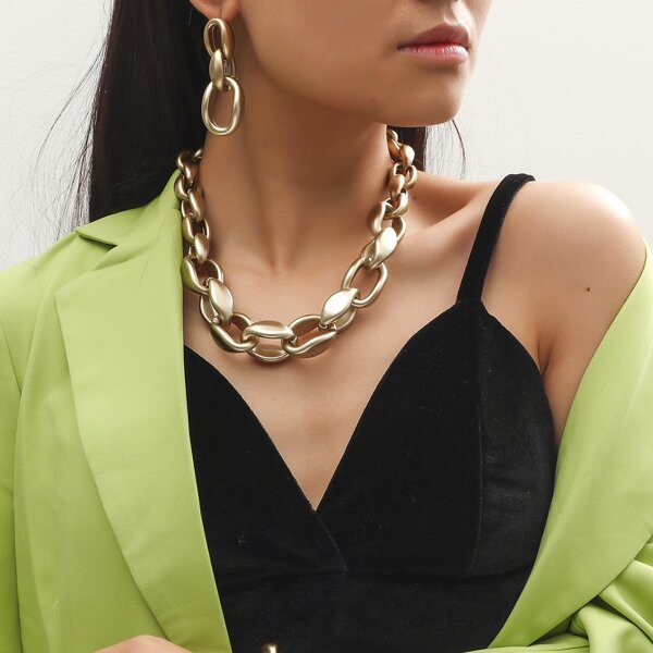 

1pc Chain Necklace & 1pair Earrings & 1pc Bracelet, Gold