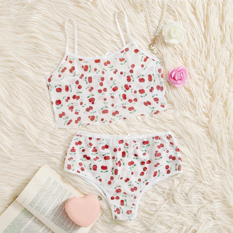

Cherry Print Mesh Lingerie Set, Red and white