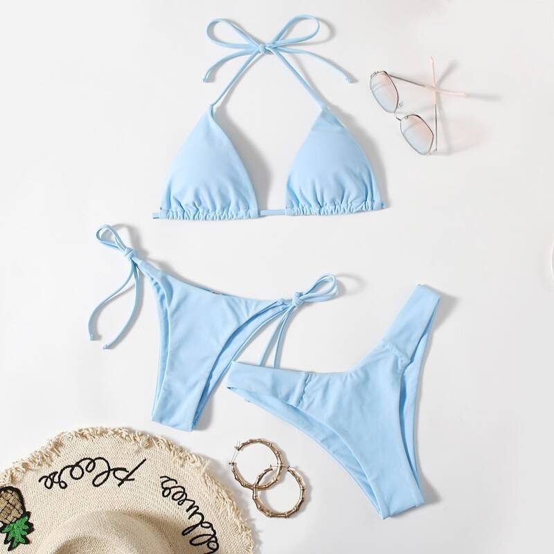 

3pcs Solid Triangle Bikini Swimsuit, Baby blue