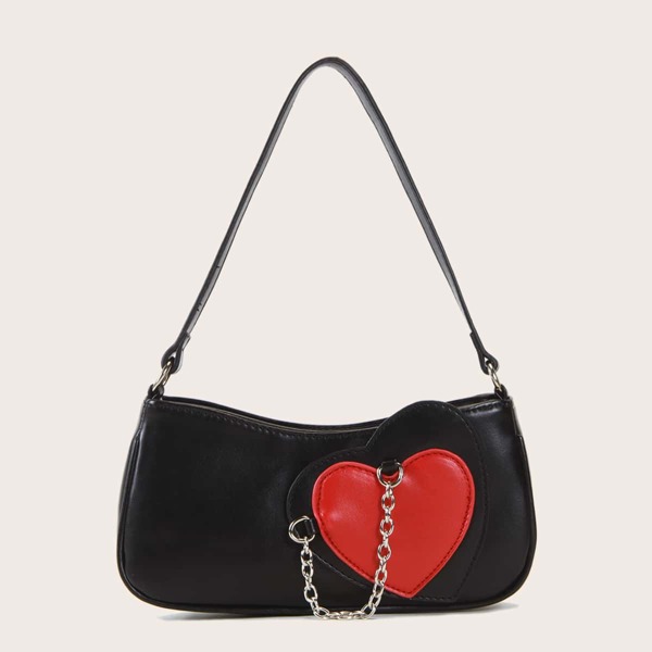 

Heart Decor Baguette Bag, Black