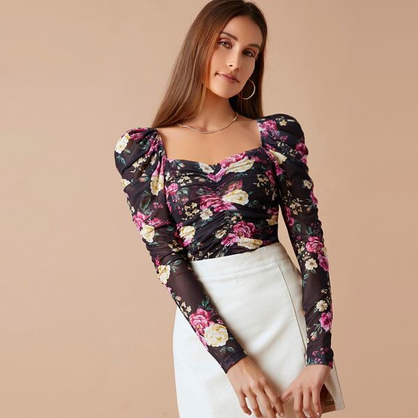 

Sweetheart Neck Ruched Front Gigot Sleeve Floral Mesh Top, Multicolor