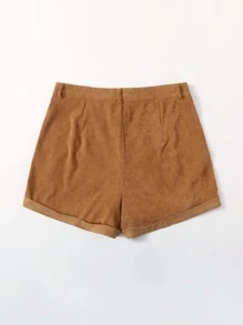 大碼燈芯絨捲起下擺短褲 - 棕色 - 查看 2