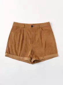 大碼燈芯絨捲起下擺短褲 - 棕色 - 查看 3