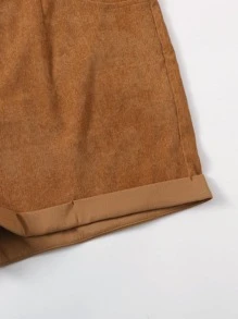 大碼燈芯絨捲起下擺短褲 - 棕色 - 查看 4