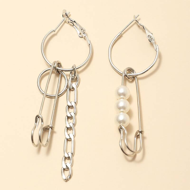 

Faux Pearl & Safety Pin Drop Earrings, Silver
