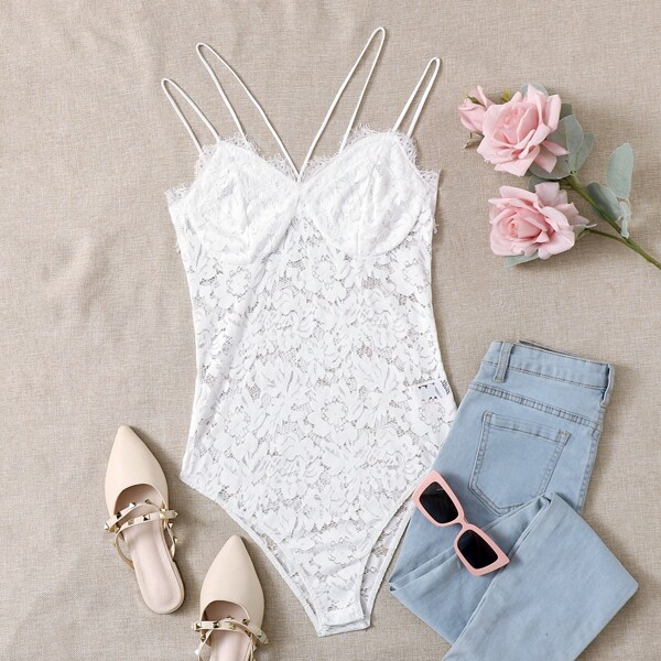 

Solid Cami Lace Bodysuit, White