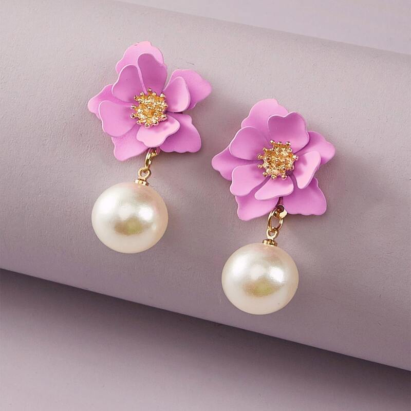 

Floral & Faux Pearl Drop Earrings, Pink