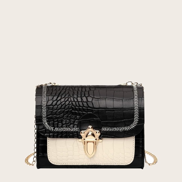 

Croc Embossed Chain Crossbody Bag, Black and white