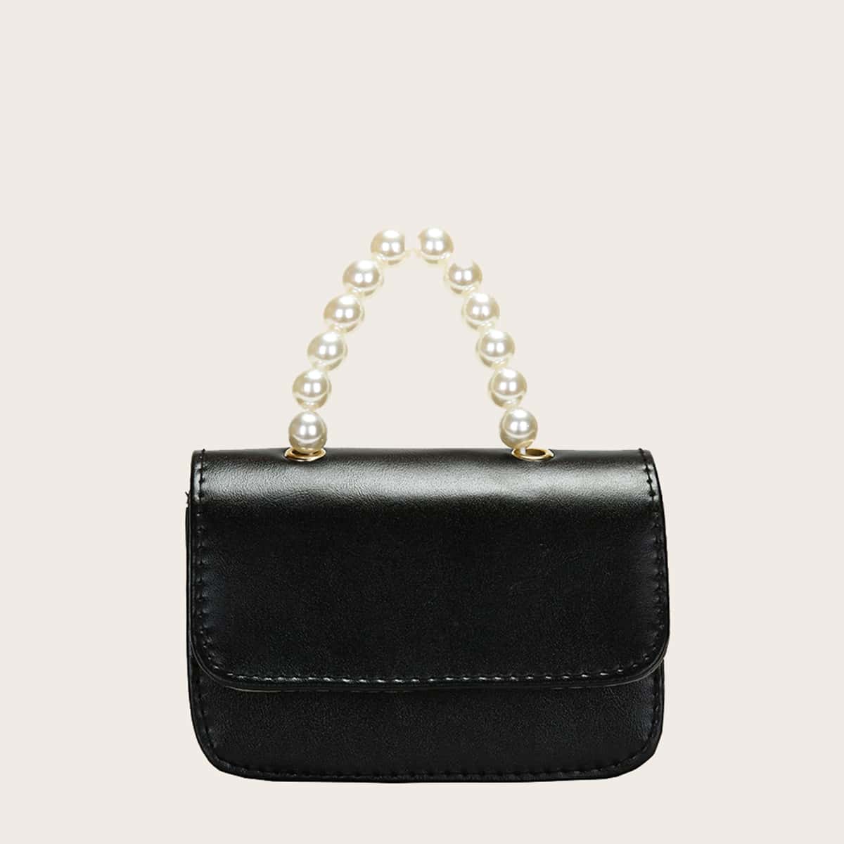 

Faux Pearl Handle Mini Satchel Bag, Black