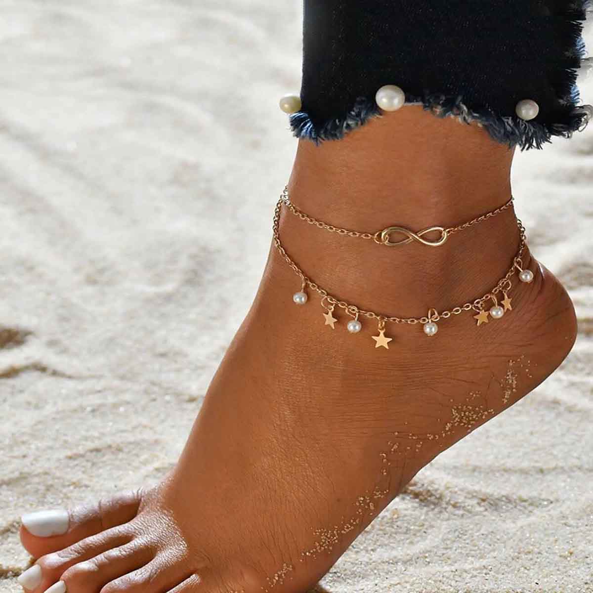 

1pc Faux Pearl & Star Chain Anklet, Gold