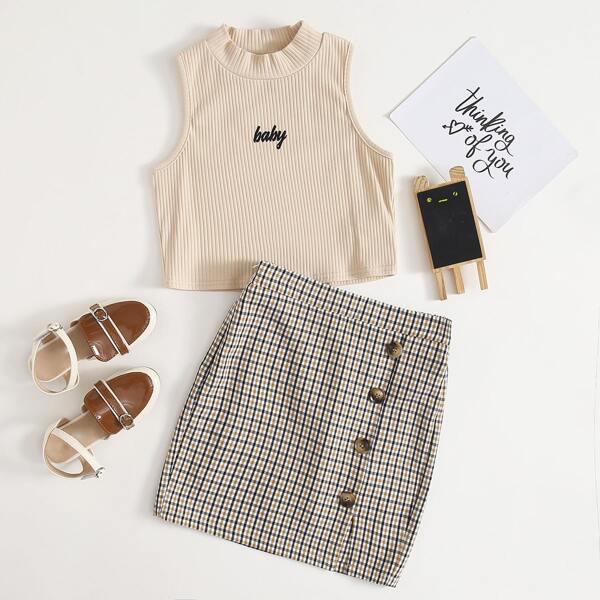 

Girls Letter Graphic Tank Top and Button Up Skirt Set, Multicolor