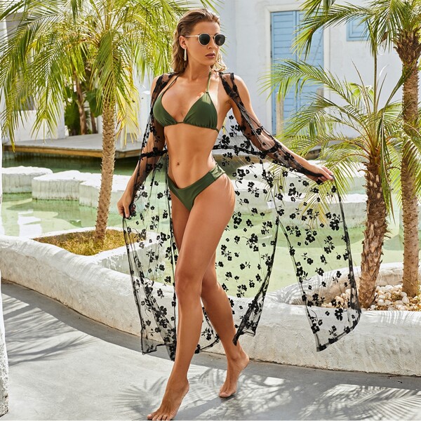 

Floral Pattern Sheer Mesh Kimono, Black