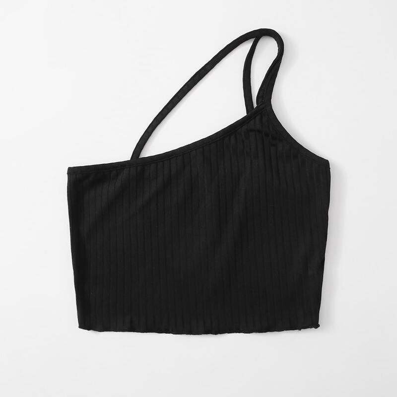 

Solid One Shoulder Ribbed Crop Top, Black