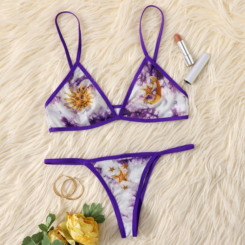 

Sun & Moon Print Mesh Lingerie Set, Purple