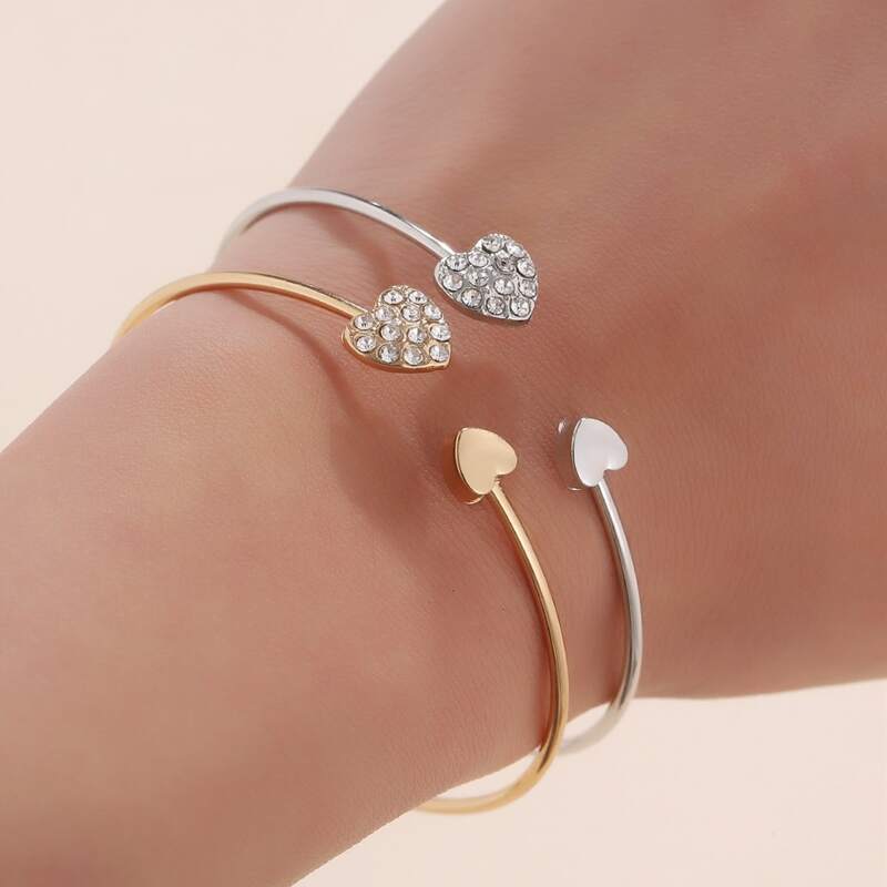 

2pcs Rhinestone Heart Cuff Bracelet, Multicolor