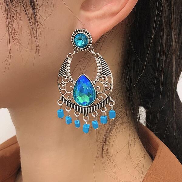 

Bohemian Gemstone Decor Bead Tassel Drop Earrings, Blue