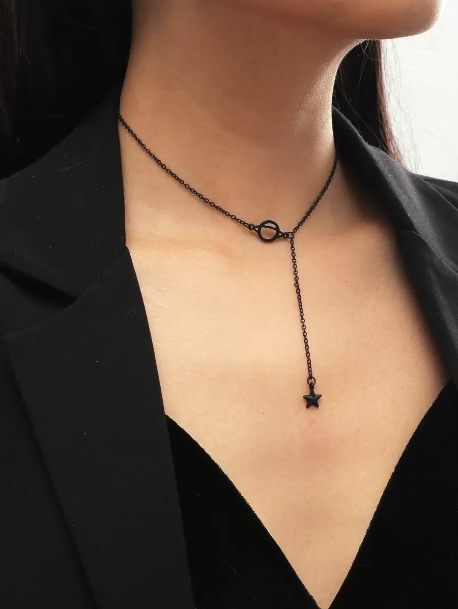 Star Pendant Y-lariat Necklace - Black - View 1