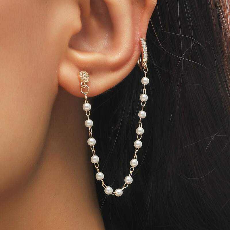 Zircon & Faux Pearl Decor Earrings, Gold