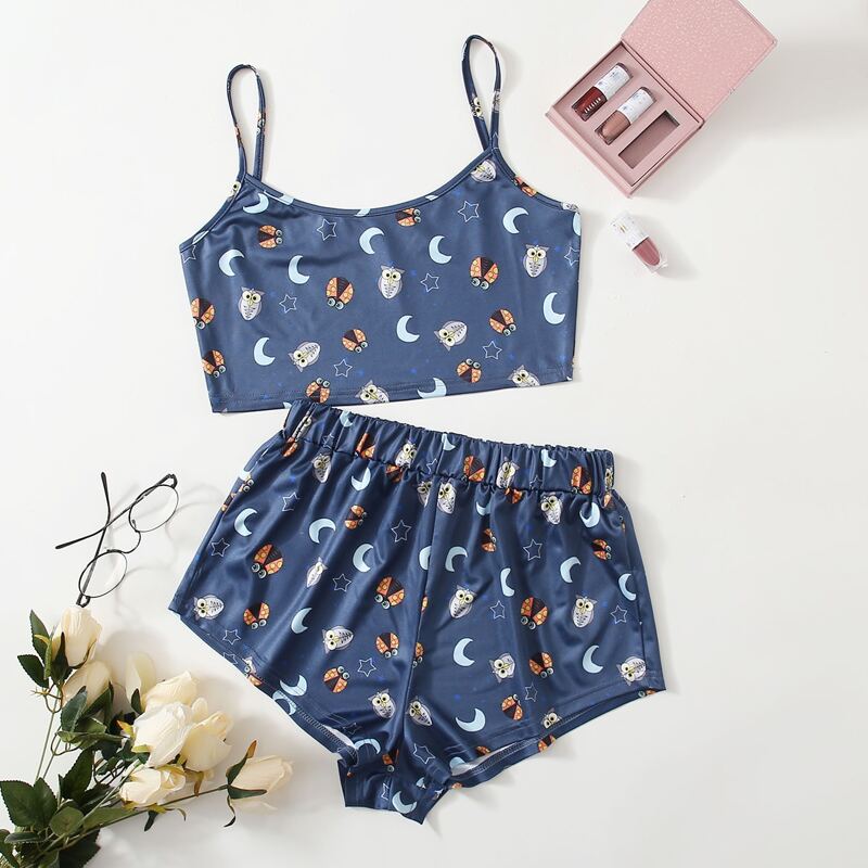 

Cartoon Graphic Cami PJ Set, Navy blue