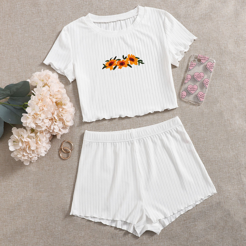 

Floral Print Ribbed Lettuce Trim PJ Set, White