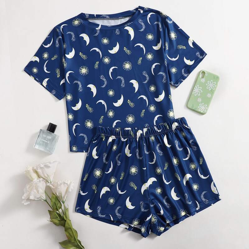 

Galaxy Print Tee & Shorts PJ Set, Navy blue