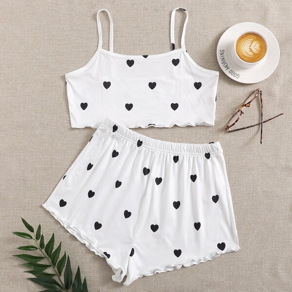 

Heart Print Lettuce Trim Cami PJ Set, White